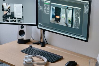 black flat screen computer monitor on brown wooden desk